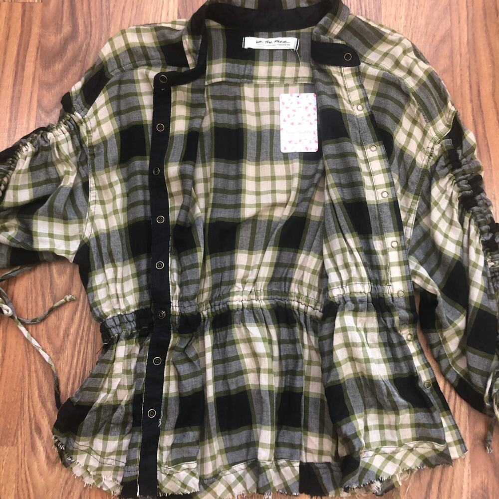 Free People Pacific Dawn Plaid Peplum Shirt Black Combo Size Medium NWT New - Picture 9 of 15